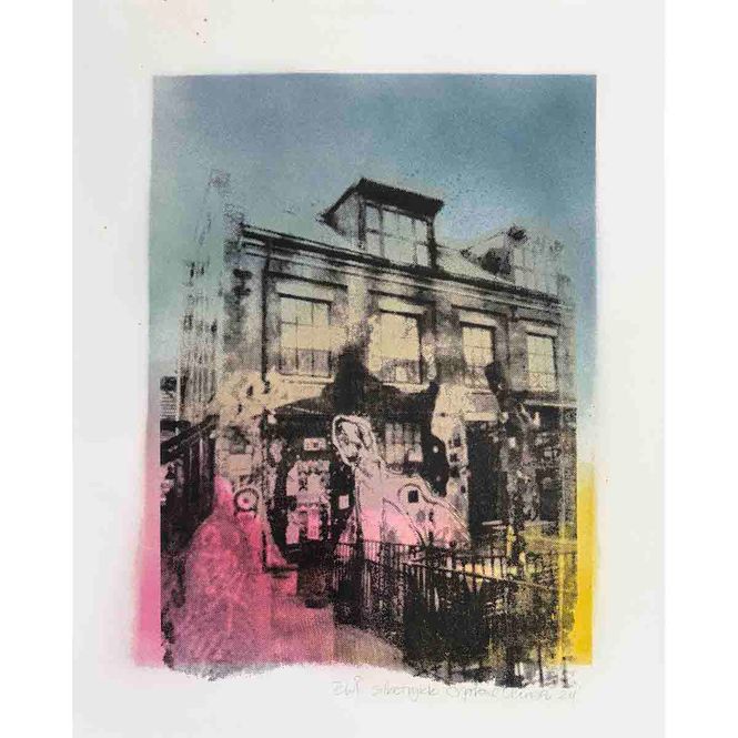 Hovedbilde BLÅ, spray / silketrykk på papir 30x40 cm (variant rosa/blå)