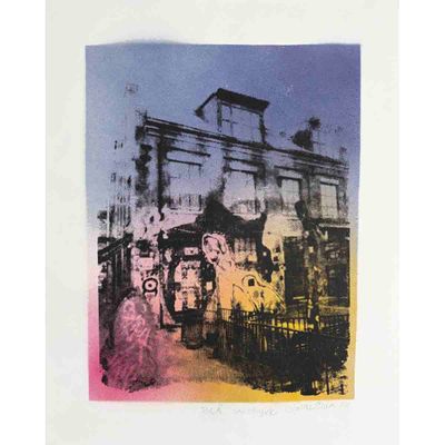BLÅ, spray / silketrykk på papir 30x40 cm (variant blålilla)