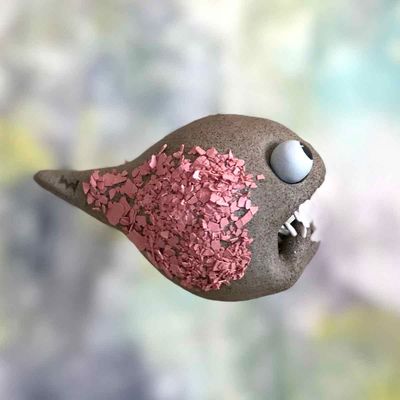 Rumpetroll, rosa keramikk skulptur, henger fra taket