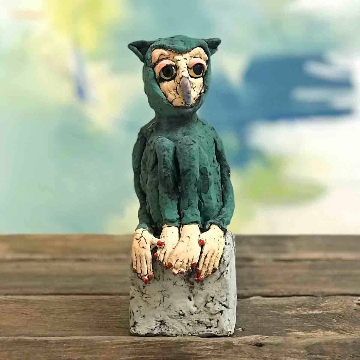 Ugle grønn, skulptur 19 cm